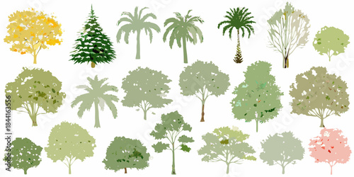 A diverse collection of stylized tree illustrations in varying shapes and colors