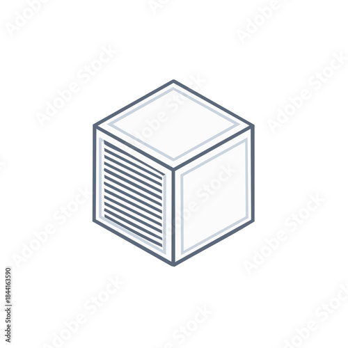 Isometric Storage Box with Vents. Design element for UI. 3D minimalist cubic symbol. Metal case or container. Simple Icon for applications