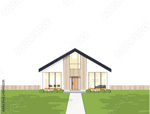庭付きの木の外壁が美しいモダンな北欧スカンジナビア風住宅、一戸建て住宅の外観、フラットデザイン、正面図のベクターイラスト
Vector illustration of modern Scandinavian house with garden, detached home exterior, flat design, front view