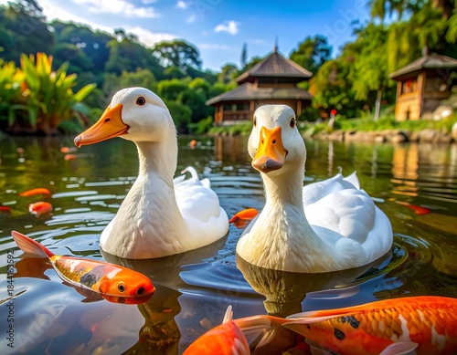 Wallpaper Mural Ducks and Koi float in a pond, Japanese garden in the background Torontodigital.ca