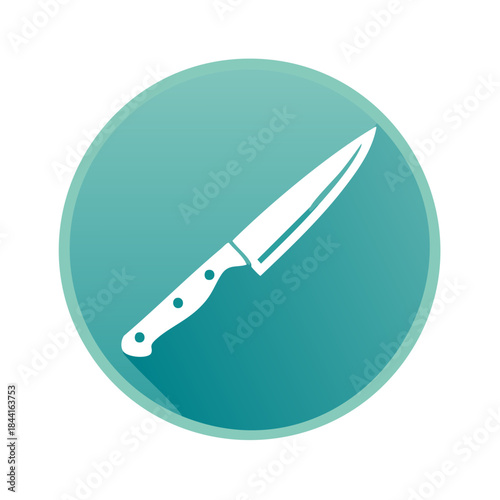 White Kitchen Knife Icon Cutlery Symbol Sign on a Teal Circle Isolated