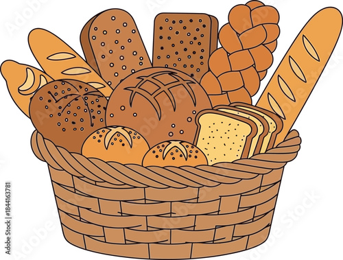 A colorful assortment of freshly baked breads displayed inside a woven wicker basket