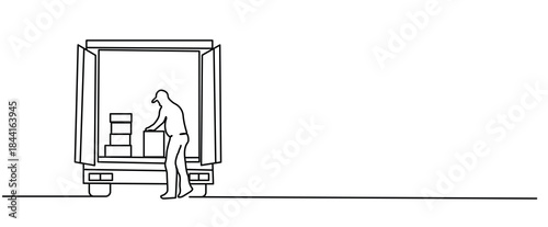 Delivery man loading unloading packages delivery boxes parcel isolated Vector illustration clipart symbol sign, One continuous line art drawing for Poster, banner background outline copyspace empty
