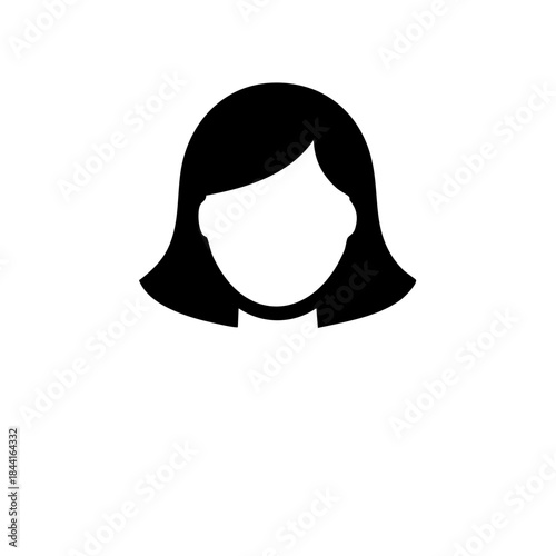 Minimalist female face icon depicting a person with short hair.  A simple head and shoulders portrait with black fill on white, perfect for web design.
