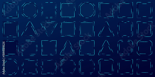 A grid of glowing blue outlines depicting various geometric shapes
