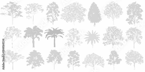 A collection of various tree silhouettes in shades of gray and white