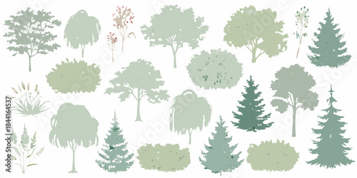 Collection of stylized trees in varying shapes and shades of green