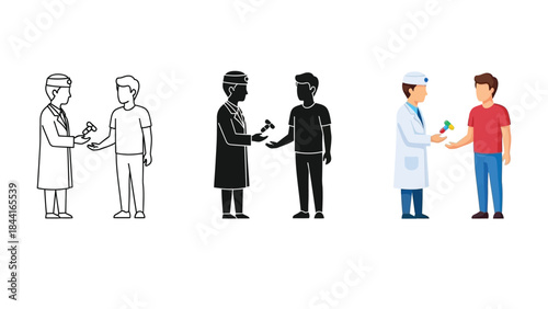 Doctor giving medicine or prescription to patient in different styles outline, silhouette and color illustration