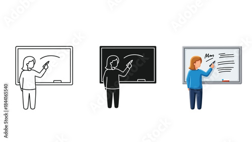 Teacher writing whiteboard in different styles outline, silhouette and color illustration