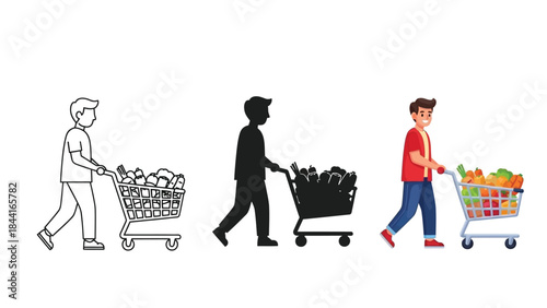 Set of three illustrations of a man pushing a shopping cart full of groceries line art, silhouette and full color vector