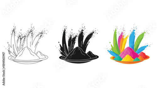 Set of three illustrations of colored powder piles for holi festival celebration, outline, silhouette and full color versions