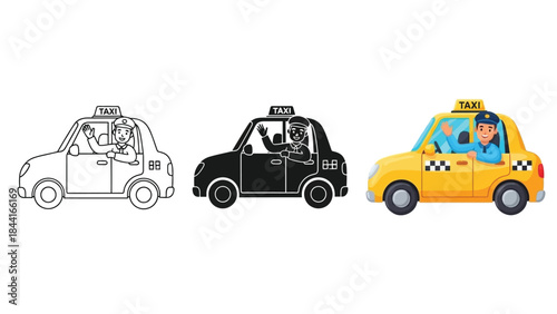 Three styles of taxi car illustration outline, solid black and full color with driver inside