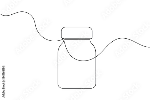 Single line illustration of a medicine bottle, representing healthcare, pharmaceuticals, and treatment.