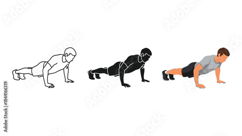 Set of three illustrations showing a man performing a pushup exercise in different styles outline, silhouette and full color illustration