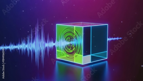 Abstract digital cube with sound wave visualization, representing data and technology