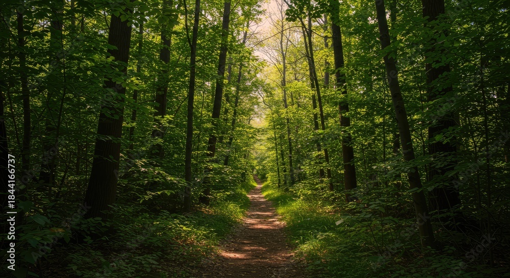 Obraz premium A sunlit path through a dense forest