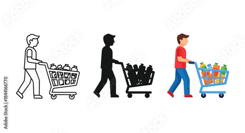 Man pushing a shopping cart full of groceries in three styles outline, silhouette and color illustration