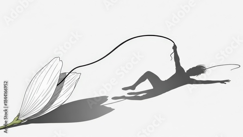 Graceful dancer's shadow leaps from a delicate flower petal, symbolizing creativity and imagination.