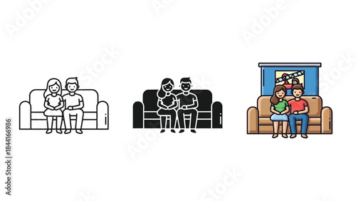 Couple sitting sofa watching television set, three different styles outline, filled and color icon
