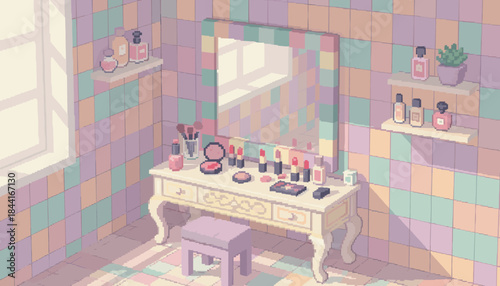 Pixel art illustration of a vintage vanity table with makeup, cosmetics, and a mirror in a cozy pastel-colored room with soft sunlight streaming from a window