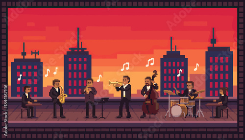 Pixel art illustration of a jazz band performing on a city rooftop at sunset, a retro 8-bit scene with musicians playing saxophone, trumpet, and drums under a vibrant sky