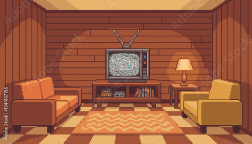 Pixel art living room scene featuring a vintage television with static, cozy furniture, and wood paneling, rendered in a nostalgic 8-bit video game style with warm, moody lighting