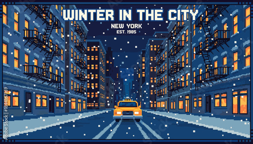 Pixel art scene of a snowy city street at night featuring a yellow taxi driving between buildings with fire escapes and warm glowing windows during a winter storm