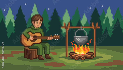 Pixel art person in green clothes plays an acoustic guitar while sitting by a cozy campfire with a cooking pot in a forest at night under a starry sky