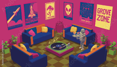 Retro pixel art living room scene shows a robot butler serving cocktails next to a turntable playing music in a vibrant, nostalgic sci-fi interior with colorful posters