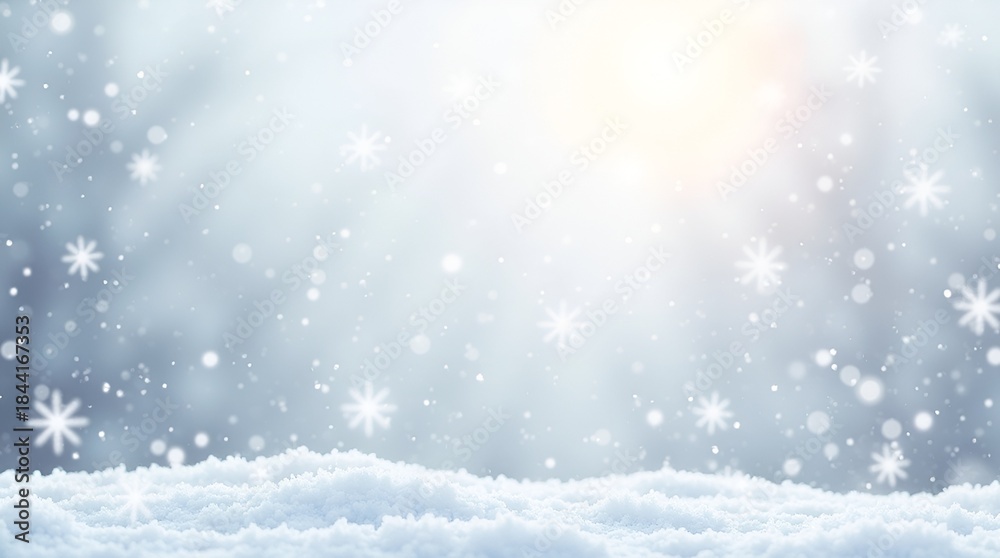 Fototapeta premium Snow nature landscape design with heavy falling snow, frosty crystal flecks, flat snowflake icons, clean transparent backdrop, seasonal winter feel