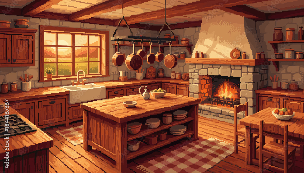 Fototapeta premium Rustic pixel art kitchen interior with warm golden light from a window and a cozy stone fireplace creating a peaceful and inviting atmosphere