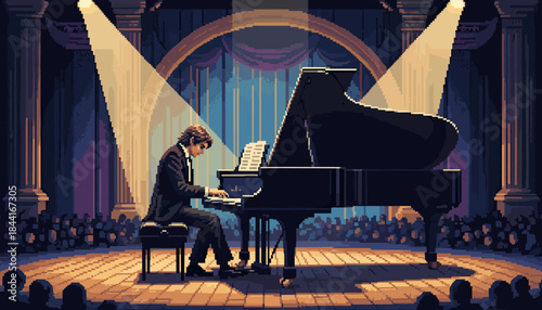 Pixel art illustration of a pianist playing a grand piano on a brightly lit stage during a classical music concert in a grand theater filled with an attentive audience