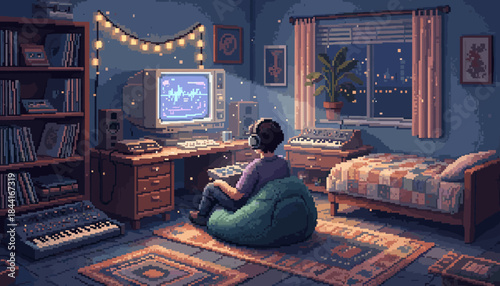 Person wearing headphones creates music on a retro computer in a cozy, dimly lit bedroom studio with synthesizers and warm string lights, rendered in a nostalgic pixel art style