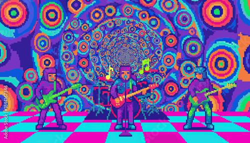 Pixel art rock band with three musicians plays an energetic concert on a checkered stage, surrounded by a swirling, hypnotic, and psychedelic pattern of vibrant neon colors