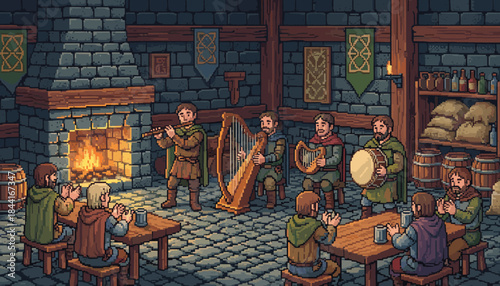 Pixel art scene of medieval musicians playing traditional instruments like a harp and flute for a clapping audience inside a cozy, firelit stone tavern with a cobblestone floor