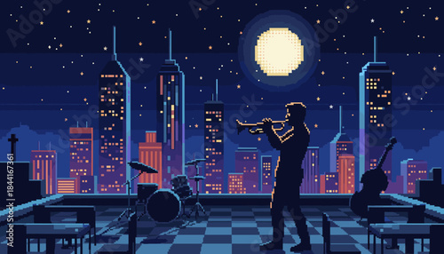 Pixel art illustration of a musician playing a trumpet on a checkered rooftop overlooking a sprawling cityscape under a starry sky and a full moon