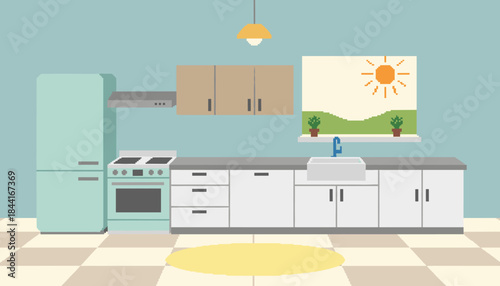 Pixel art illustration of a kitchen interior featuring retro appliances, a checkered floor, and a window with a sunny view, creating a cozy and domestic scene