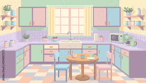 Cozy pastel colored pixel art kitchen interior with colorful cabinets, a dining table, and a window letting in soft morning light, creating a calm and nostalgic atmosphere