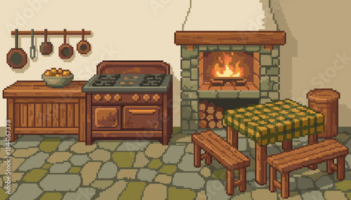 Cozy pixel art kitchen interior with a burning stone fireplace, wooden furniture, and a vintage stove creating a warm and rustic atmosphere for a fantasy video game scene
