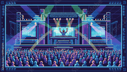Vibrant pixel art illustration of a DJ performing on a futuristic stage with bright neon lights and large screens for a massive crowd at an electronic music festival