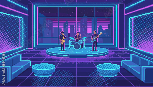 Pixel art illustration of a music band performing on a circular stage in a futuristic neon-lit room with a large window overlooking a city skyline at night