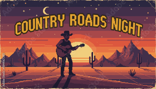 Pixel art illustration of a country musician playing an acoustic guitar on a desert highway at sunset, designed as a retro 8-bit style event poster with a vintage, distressed look