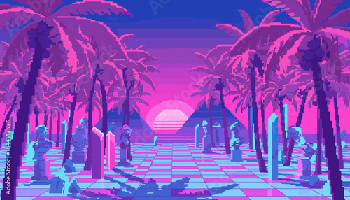 Vibrant pixel art landscape features palm trees and classical busts on a tiled floor, with pyramids and a glowing sunset in a retro vaporwave style