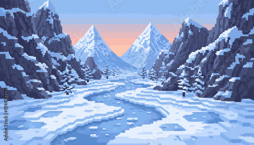Beautiful pixel art winter mountain landscape features a winding frozen river leading towards majestic snow-capped peaks under a soft gradient sky