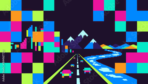 Vibrant retro pixel art road scene features a highway with cars, a winding river, mountains, and a distant city skyline, all rendered in a nostalgic 8-bit style with bright, contrasting colors