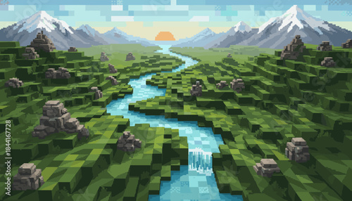 Vibrant pixel art landscape features a winding river flowing through lush green blocky terrain, with snow-capped mountains and a setting sun on the horizon, creating a serene digital nature scene