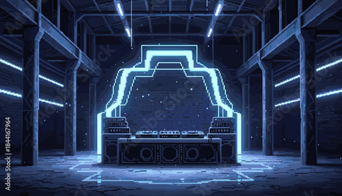 Pixel art glowing neon DJ setup with turntables and speakers stands ready in a dark, industrial club space illuminated by blue light and retro 8-bit graphics
