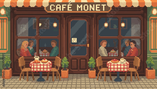 Charming pixel art cafe storefront with outdoor tables, checkered tablecloths, chairs, coffee, and pastries, shows patrons enjoying the cozy interior in a nostalgic retro style