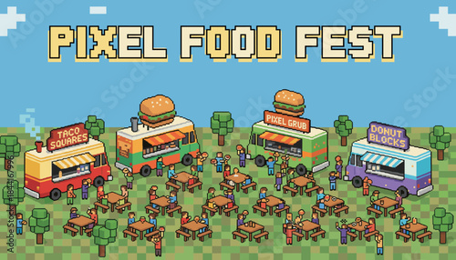 Vibrant pixel art food festival scene unfolds outdoors, featuring three colorful food trucks serving various meals to many happy people gathered around picnic tables under a bright sky