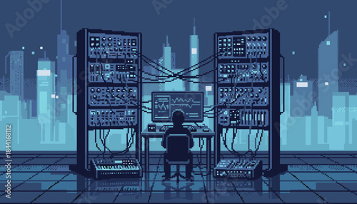 Retro pixel art person operates a computer surrounded by glowing modular equipment and wires, with a futuristic city skyline visible in the distance, rendered in cool blue tones